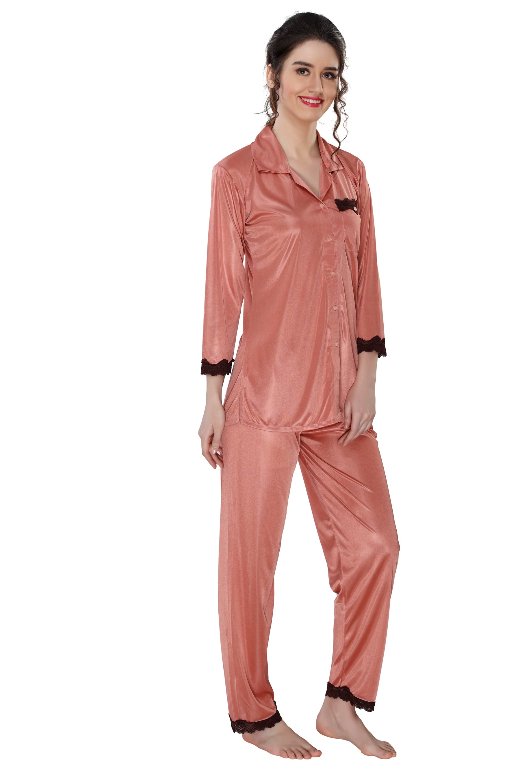 AV2 Women Satin 3/4th Sleeve Top and Pyjama Nightsuit Set - Peach 1216P