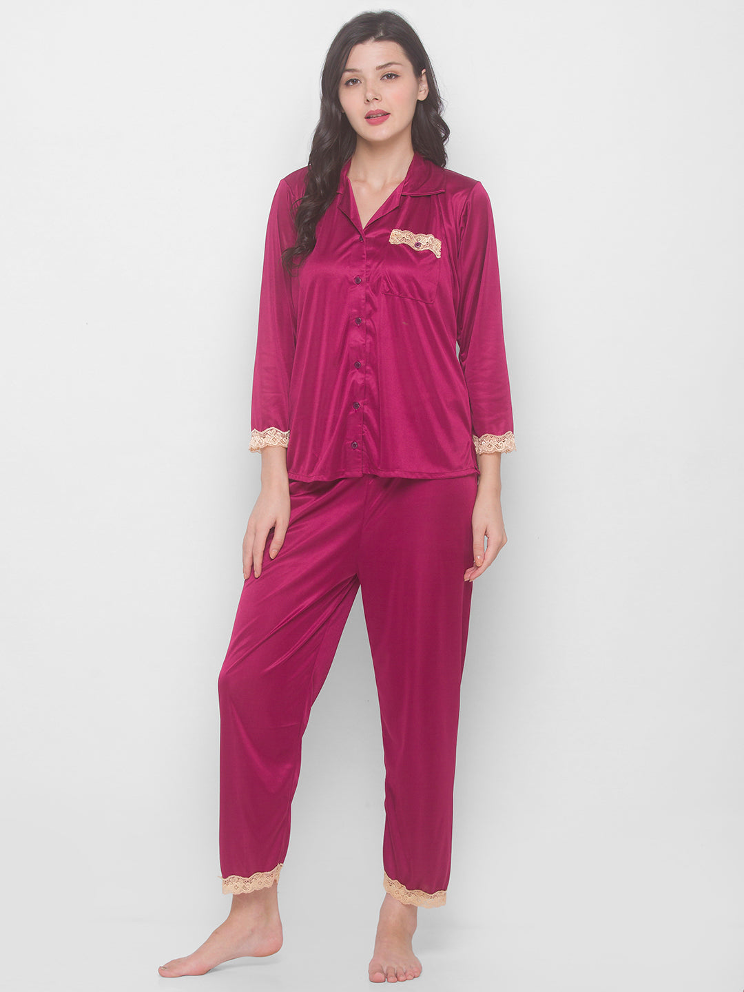 AV2 Women Satin 3/4th Sleeve Top and Pyjama Nightsuit Set - Rani 1216R