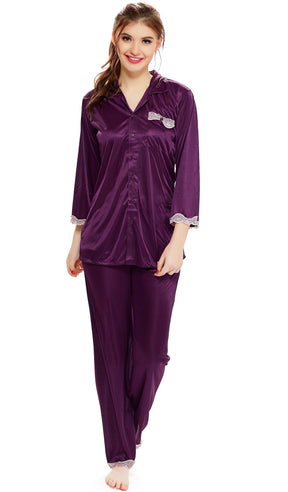 AV2 Women Satin 3/4th Sleeve Top and Pyjama Nightsuit Set - Wine 1216W
