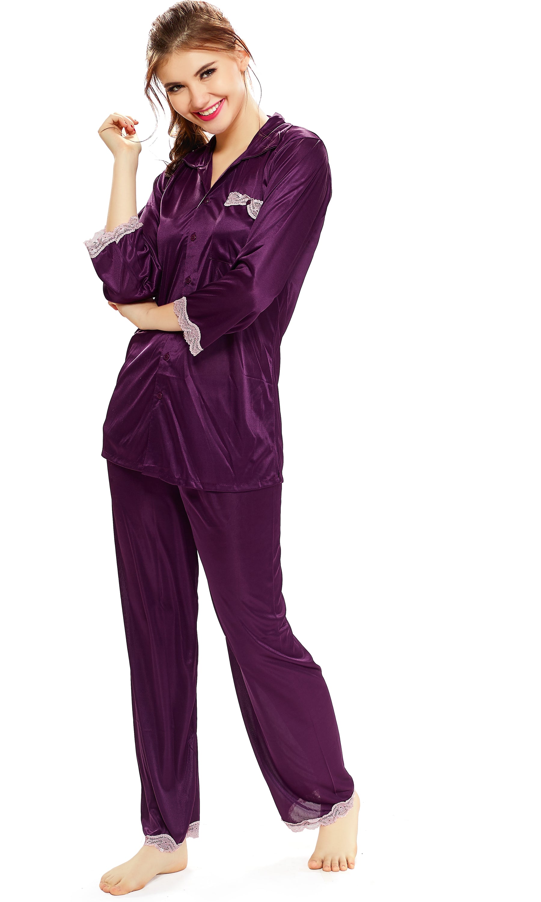 AV2 Women Satin 3/4th Sleeve Top and Pyjama Nightsuit Set - Wine 1216W