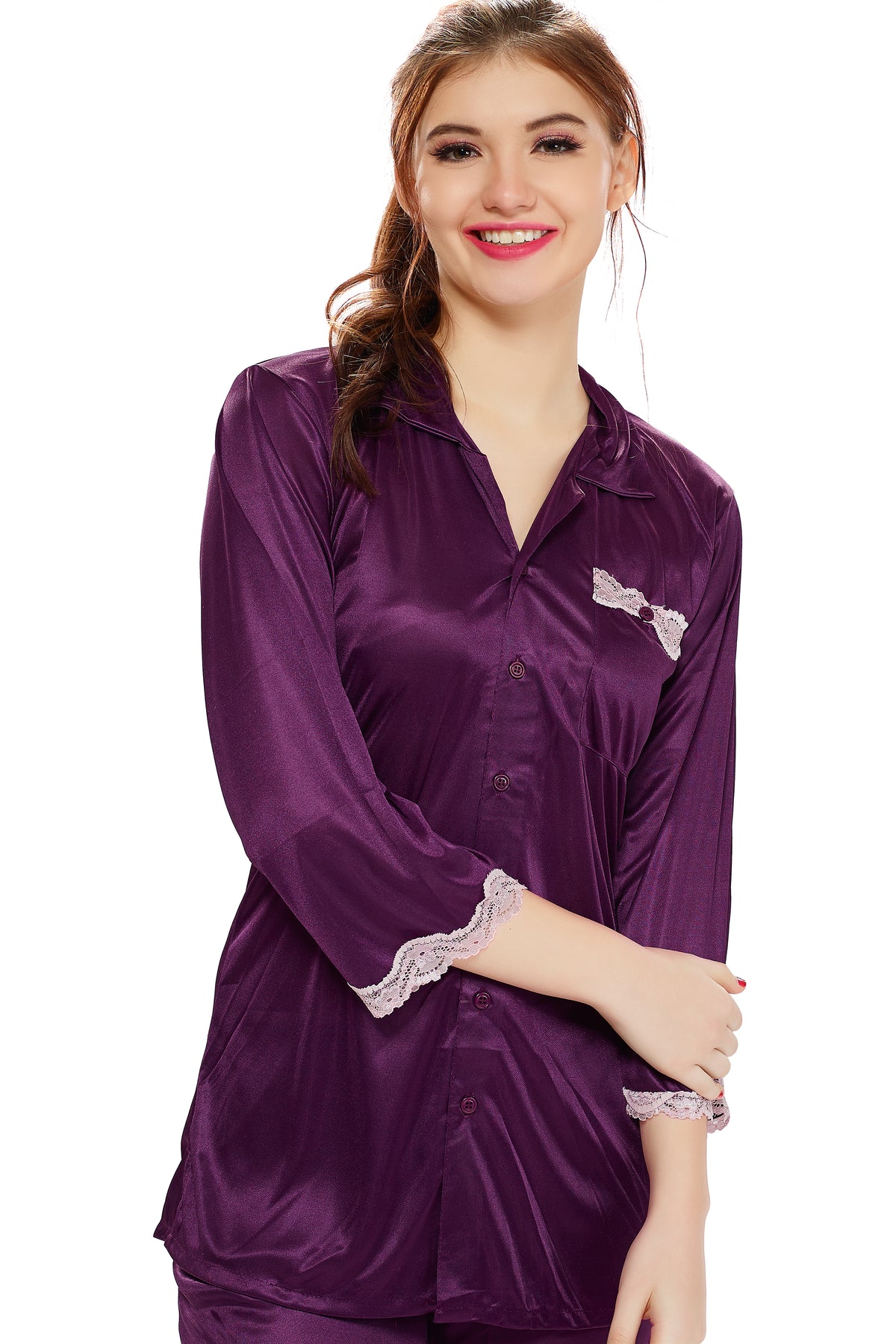 AV2 Women Satin 3/4th Sleeve Top and Pyjama Nightsuit Set - Wine 1216W