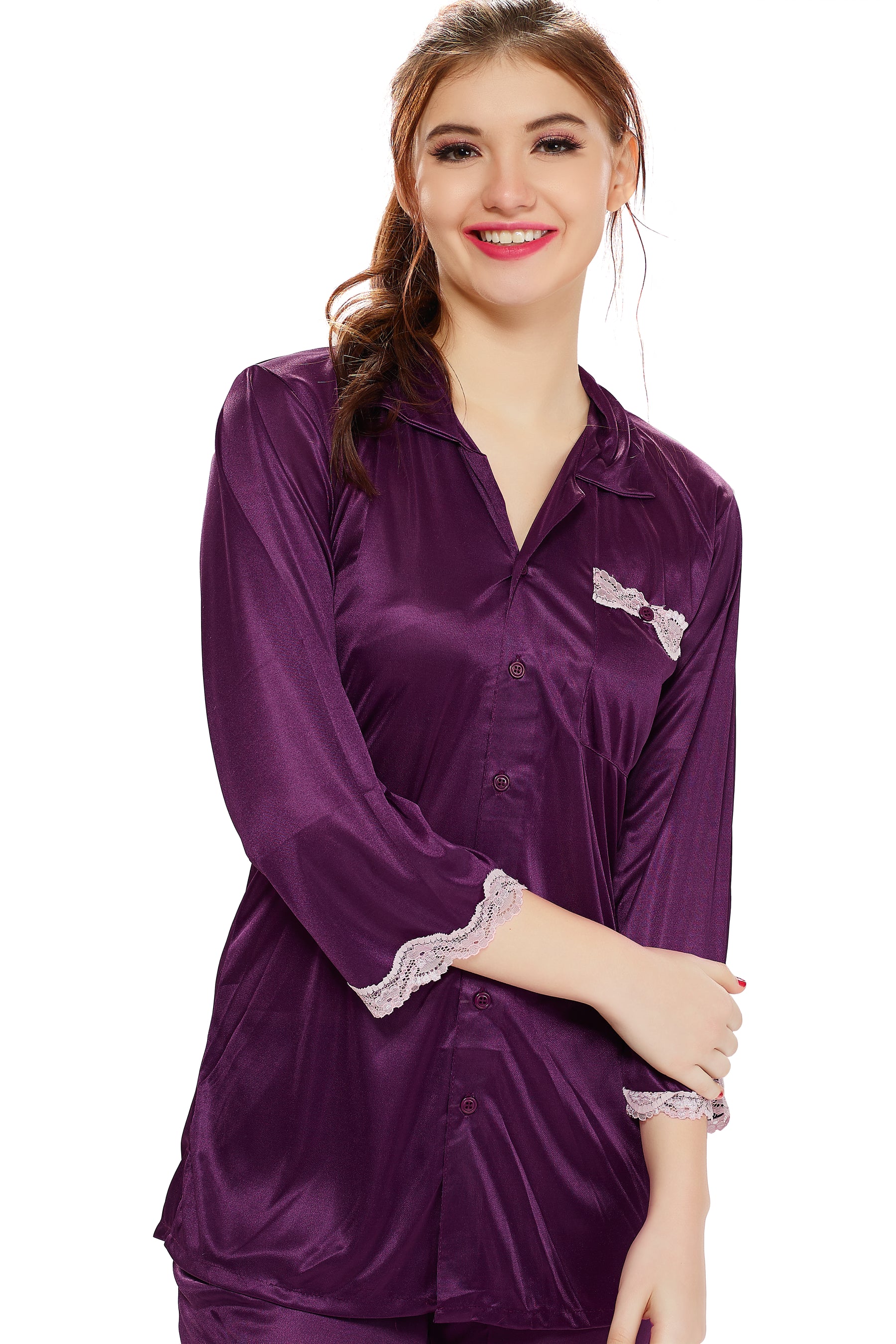 AV2 Women Satin 3/4th Sleeve Top and Pyjama Nightsuit Set - Wine 1216W