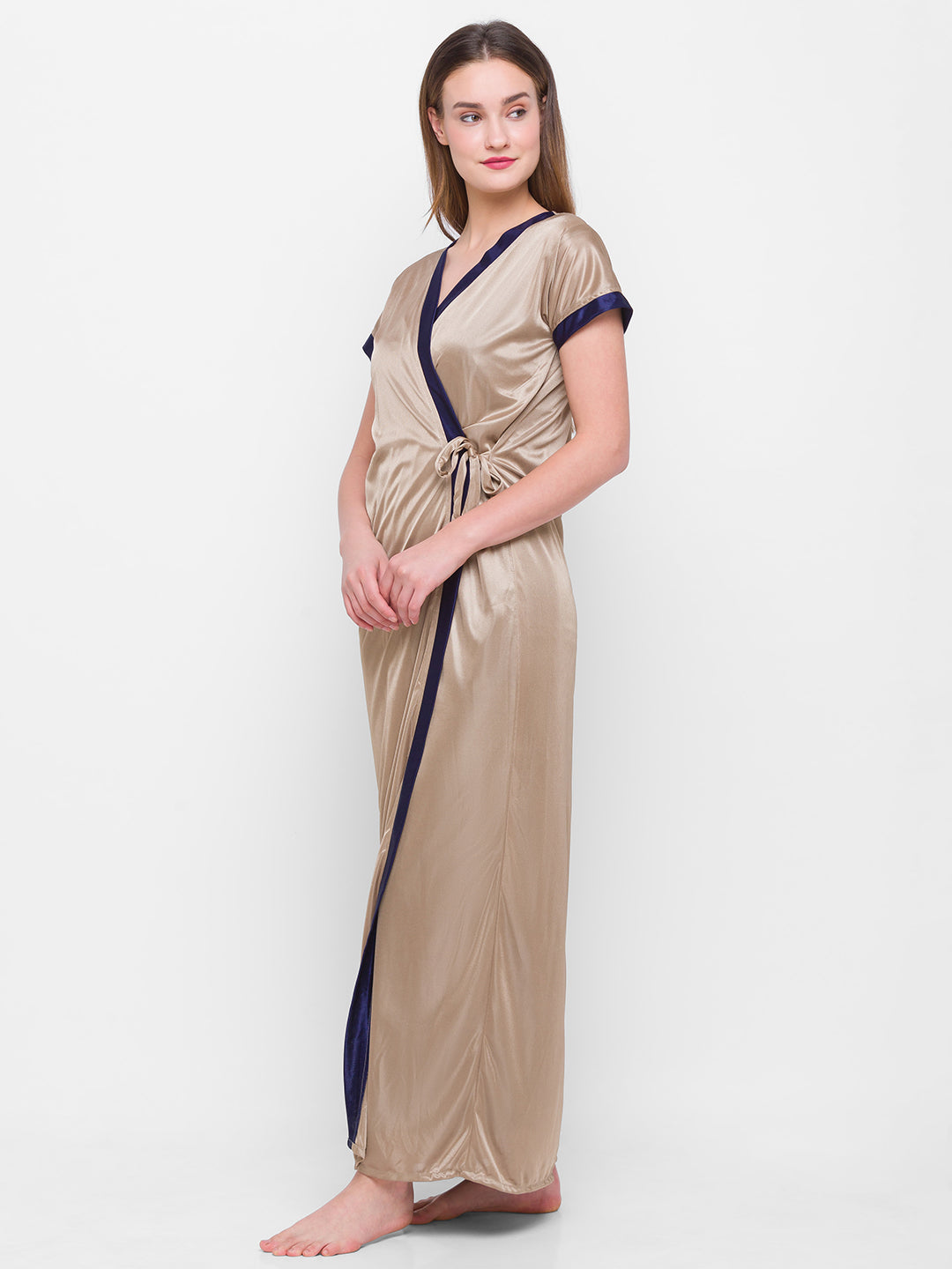 AV2 Women Satin Long Nighty with Lace & Robe Champagne - 1307CHAMPAGNEF