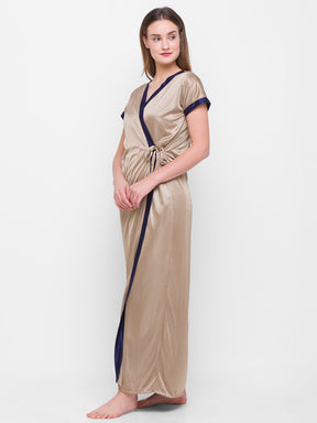 AV2 Women Satin Long Nighty with Lace & Robe Champagne - 1307CHAMPAGNEF