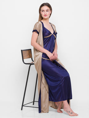 AV2 Women Satin Long Nighty with Lace & Robe Champagne - 1307CHAMPAGNEF