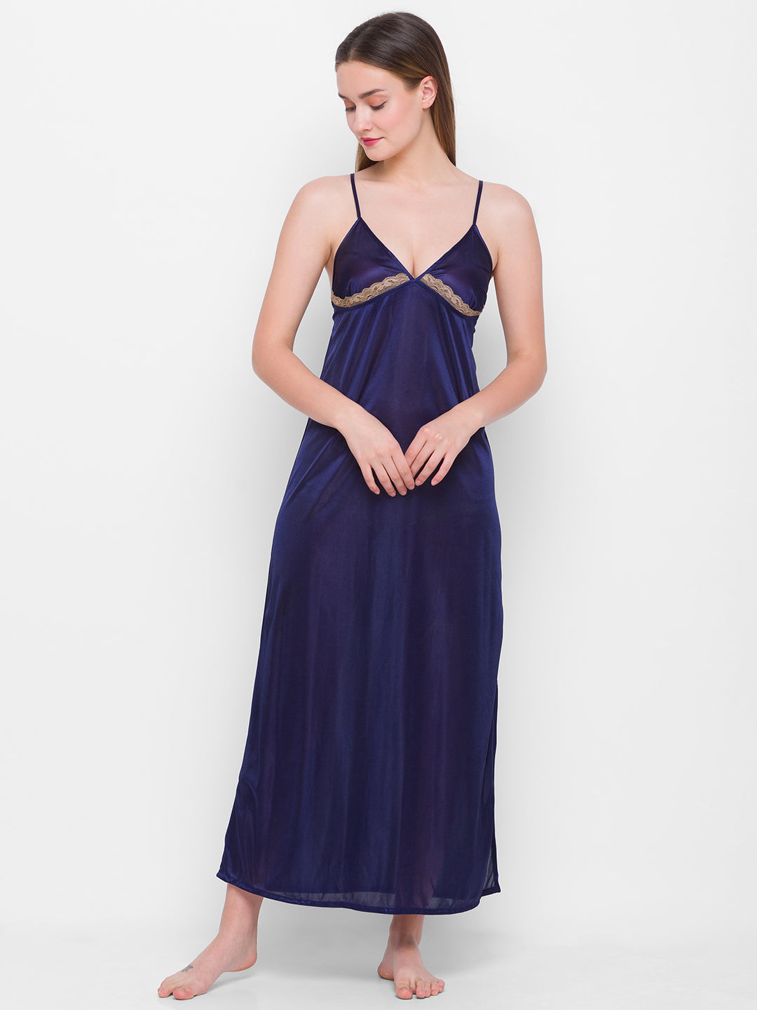 AV2 Women Satin Long Nighty with Lace & Robe Champagne - 1307CHAMPAGNEF