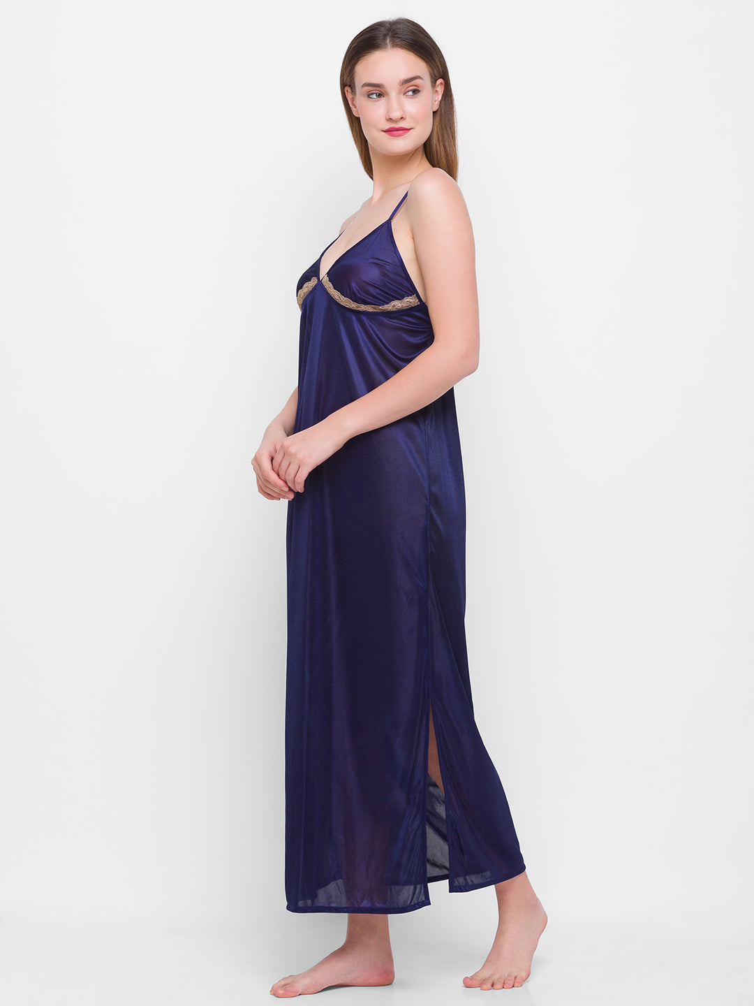 AV2 Women Satin Long Nighty with Lace & Robe Champagne - 1307CHAMPAGNEF