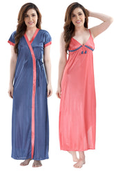 AV2 Women Satin Long Nighty with Lace & Robe Navy - 1307NAVYF