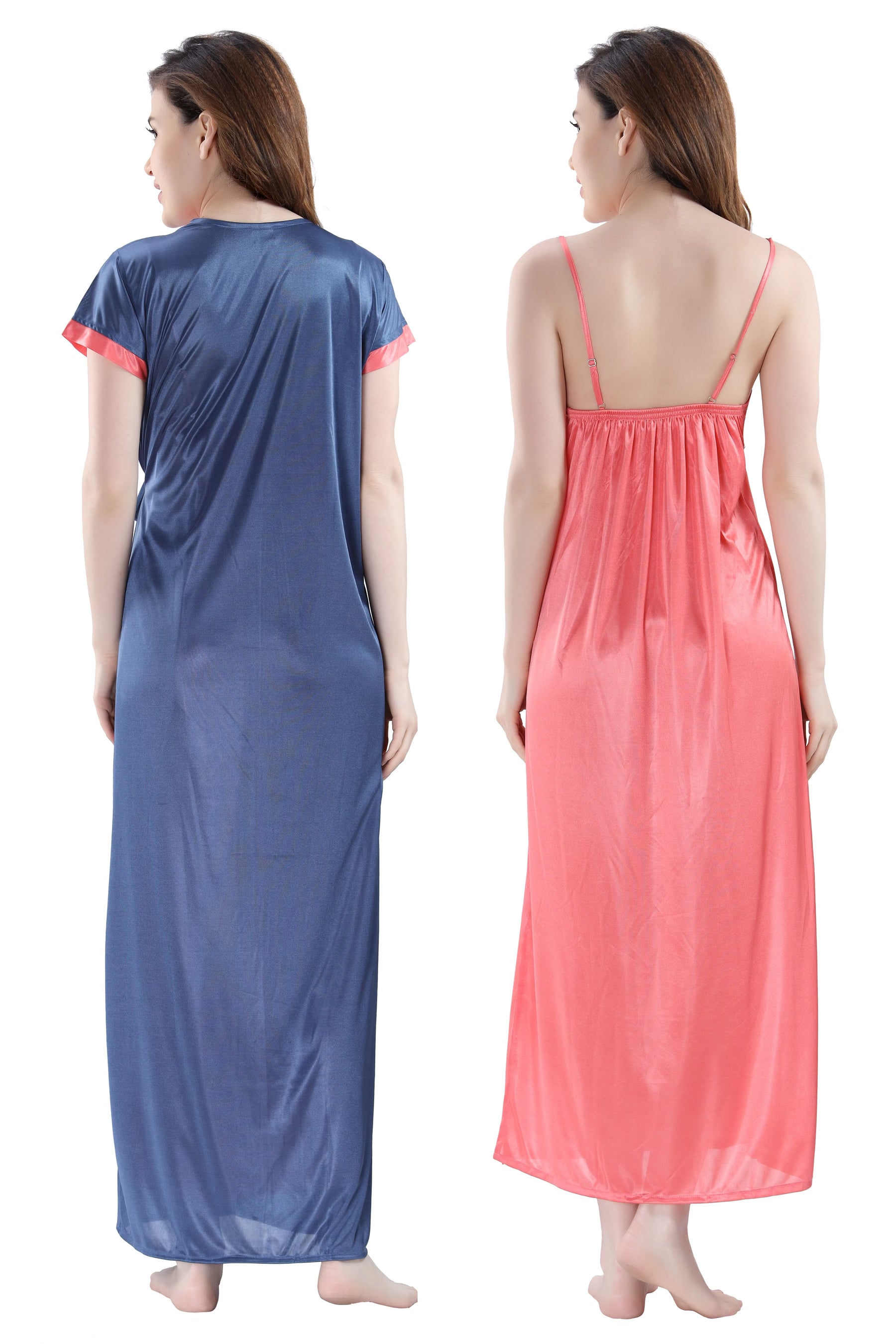 AV2 Women Satin Long Nighty with Lace & Robe Navy - 1307NAVYF