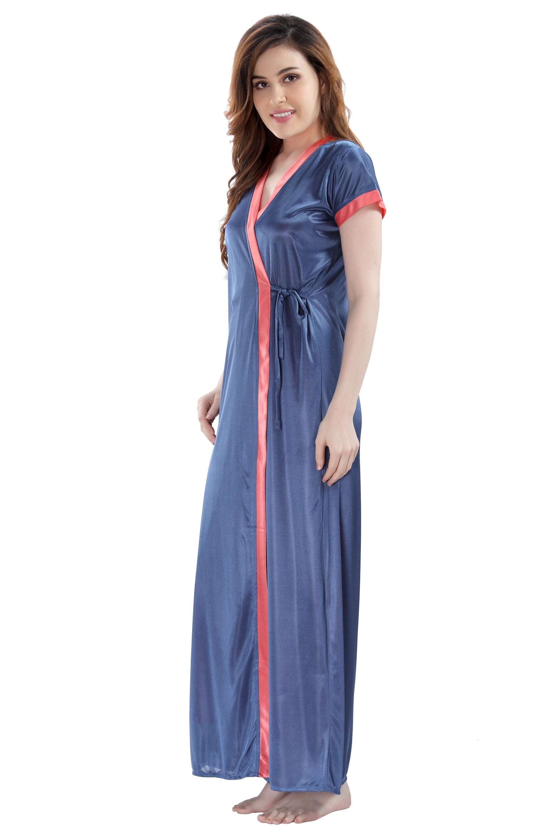 AV2 Women Satin Long Nighty with Lace & Robe Navy - 1307NAVYF