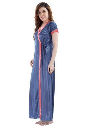 AV2 Women Satin Long Nighty with Lace & Robe Navy - 1307NAVYF