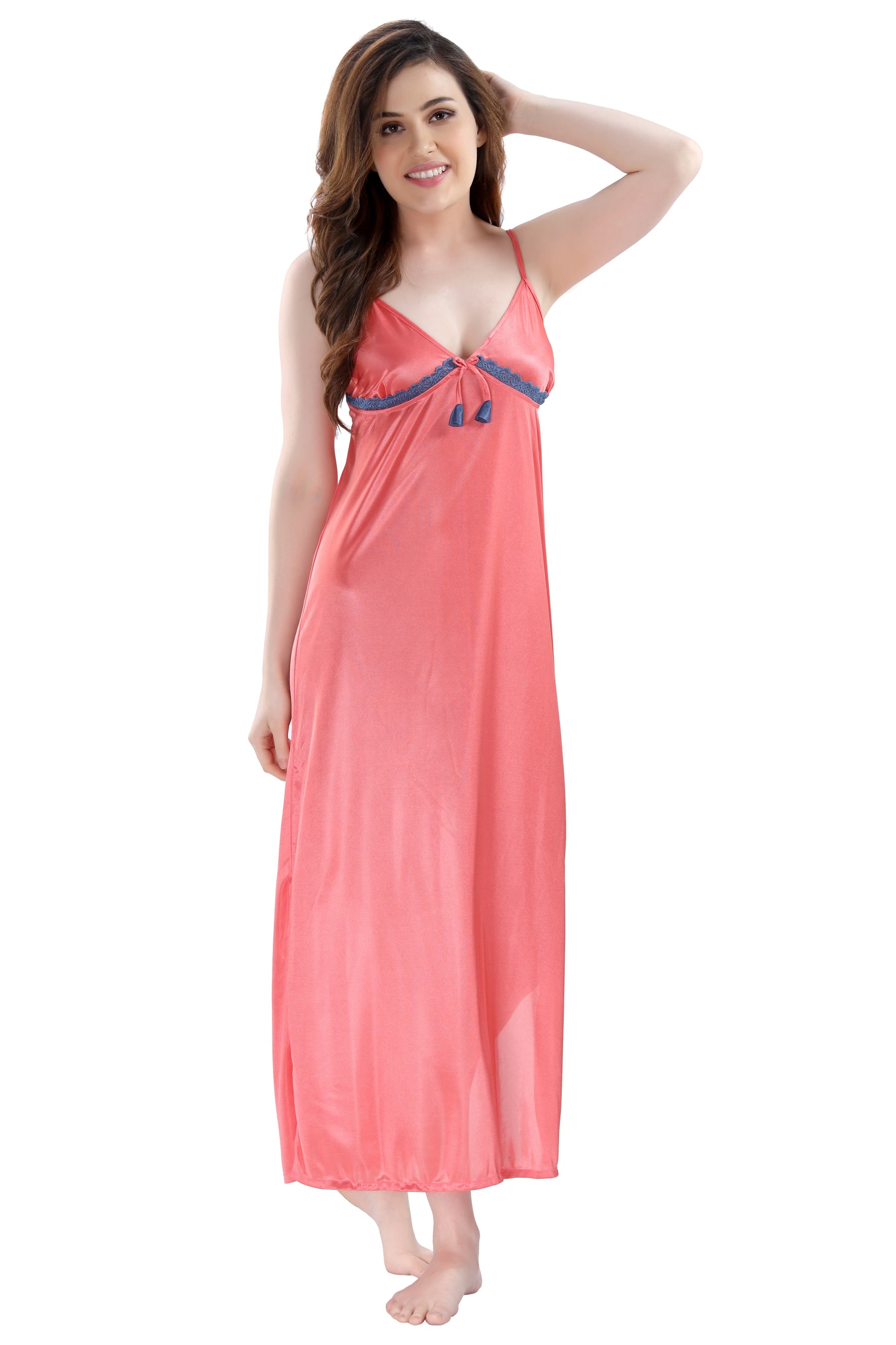 AV2 Women Satin Long Nighty with Lace & Robe Navy - 1307NAVYF