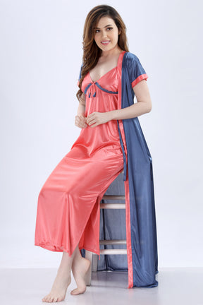 AV2 Women Satin Long Nighty with Lace & Robe Navy - 1307NAVYF