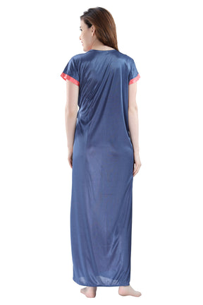 AV2 Women Satin Long Nighty with Lace & Robe Navy - 1307NAVYF