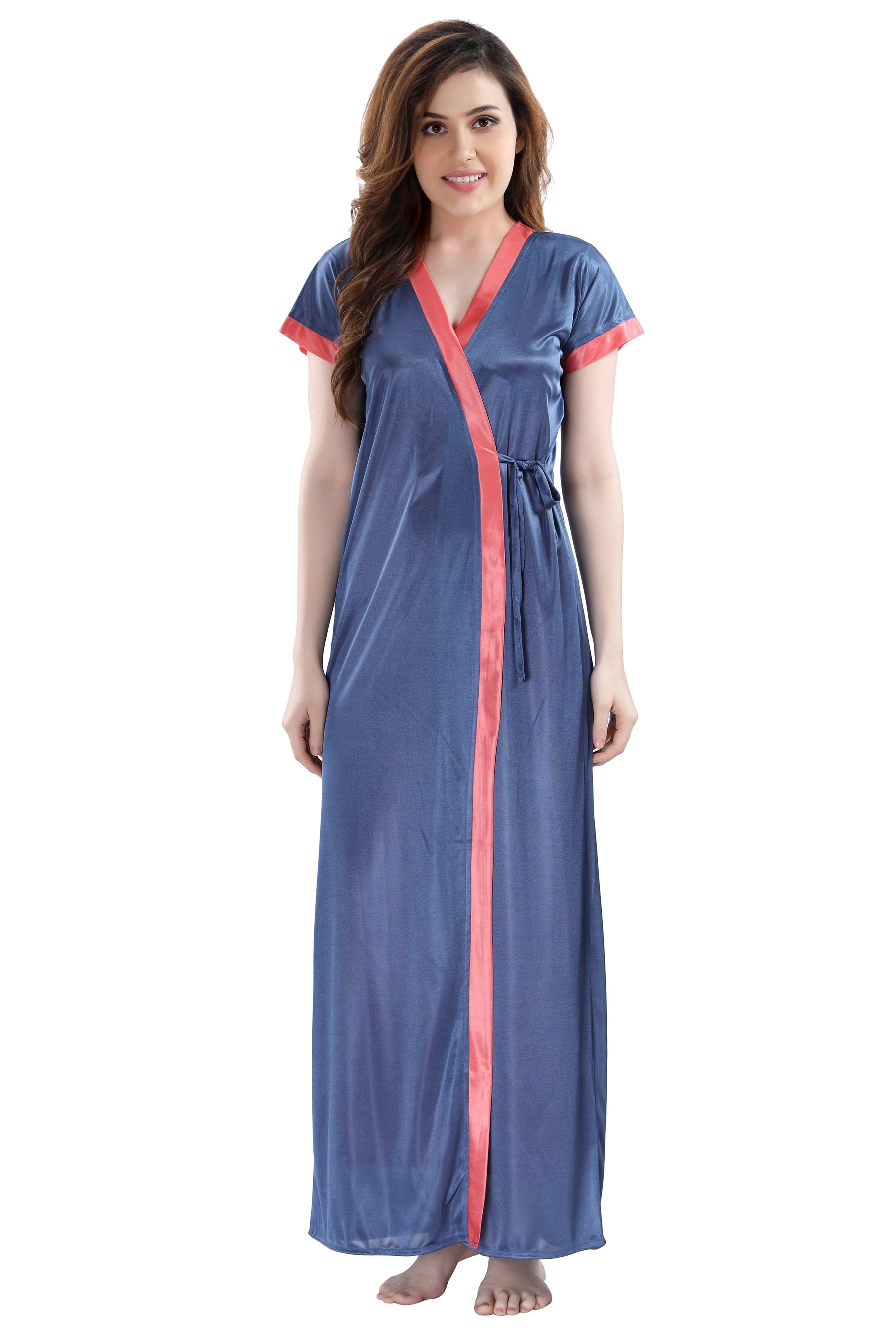 AV2 Women Satin Long Nighty with Lace & Robe Navy - 1307NAVYF