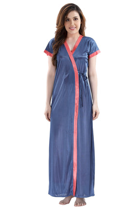 AV2 Women Satin Long Nighty with Lace & Robe Navy - 1307NAVYF