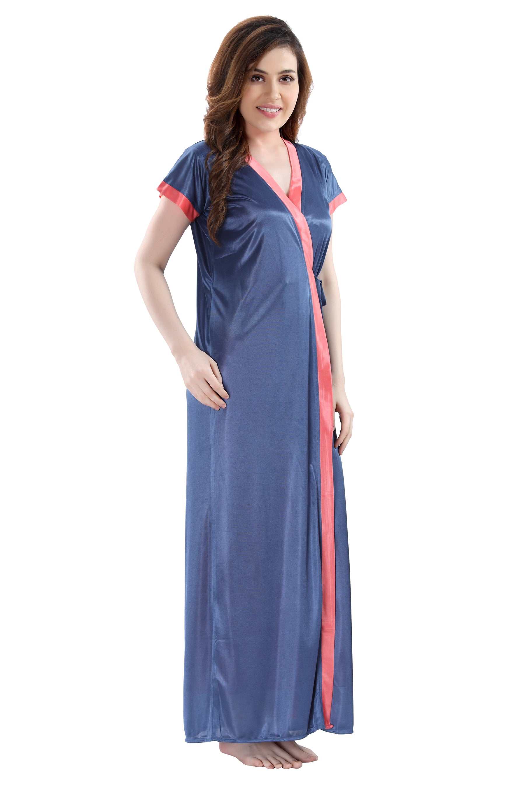 AV2 Women Satin Long Nighty with Lace & Robe Navy - 1307NAVYF