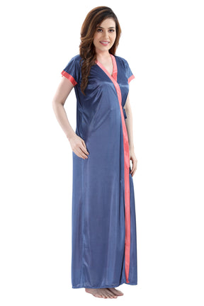 AV2 Women Satin Long Nighty with Lace & Robe Navy - 1307NAVYF