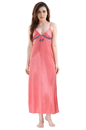 AV2 Women Satin Long Nighty with Lace & Robe Navy - 1307NAVYF