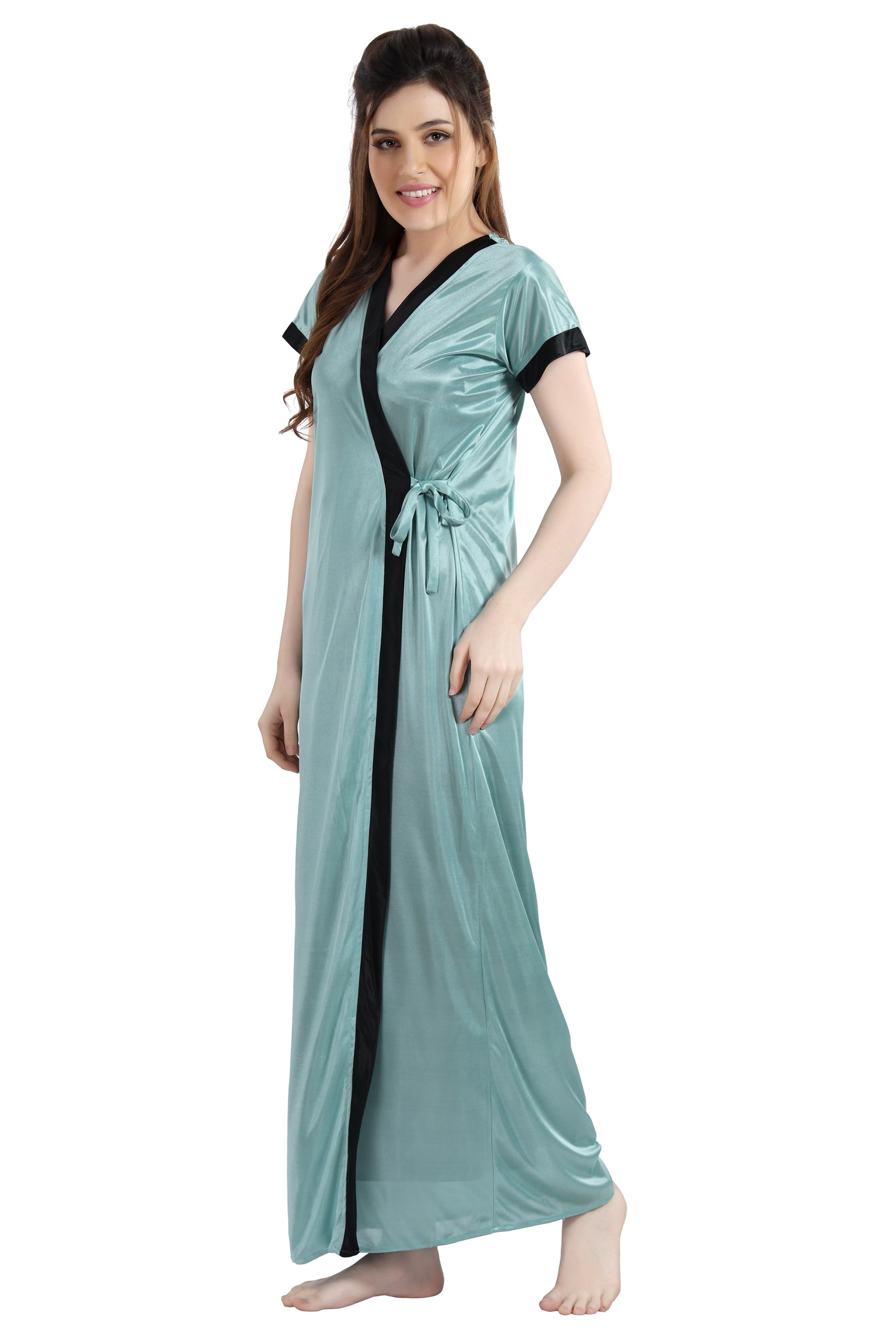 Nighty With Robe AV2 Women Satin Long Nighty with Lace & Robe Pista - 1307PISTAF
