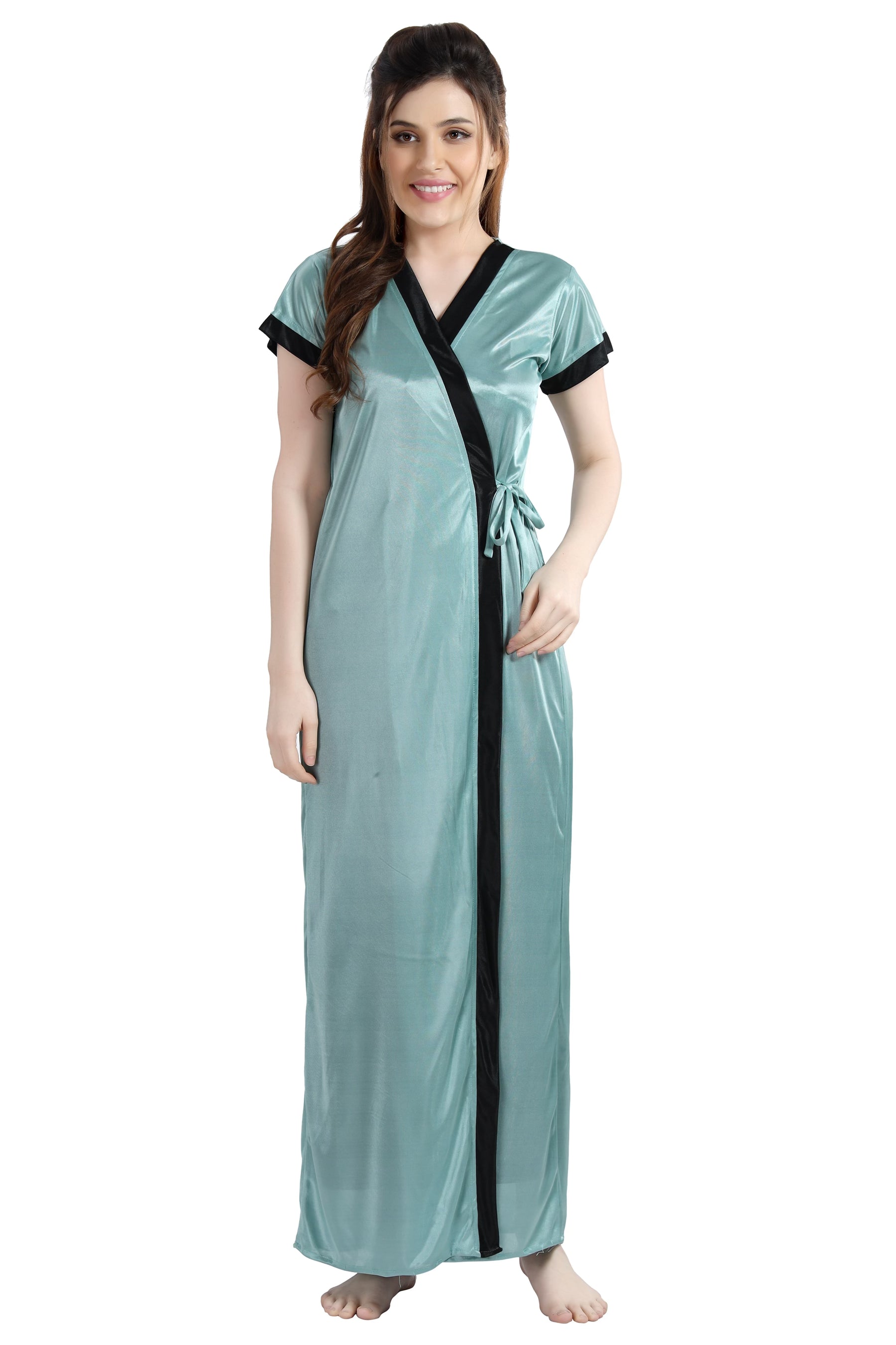 AV2 Women Satin Long Nighty with Lace & Robe Pista - 1307PISTAF