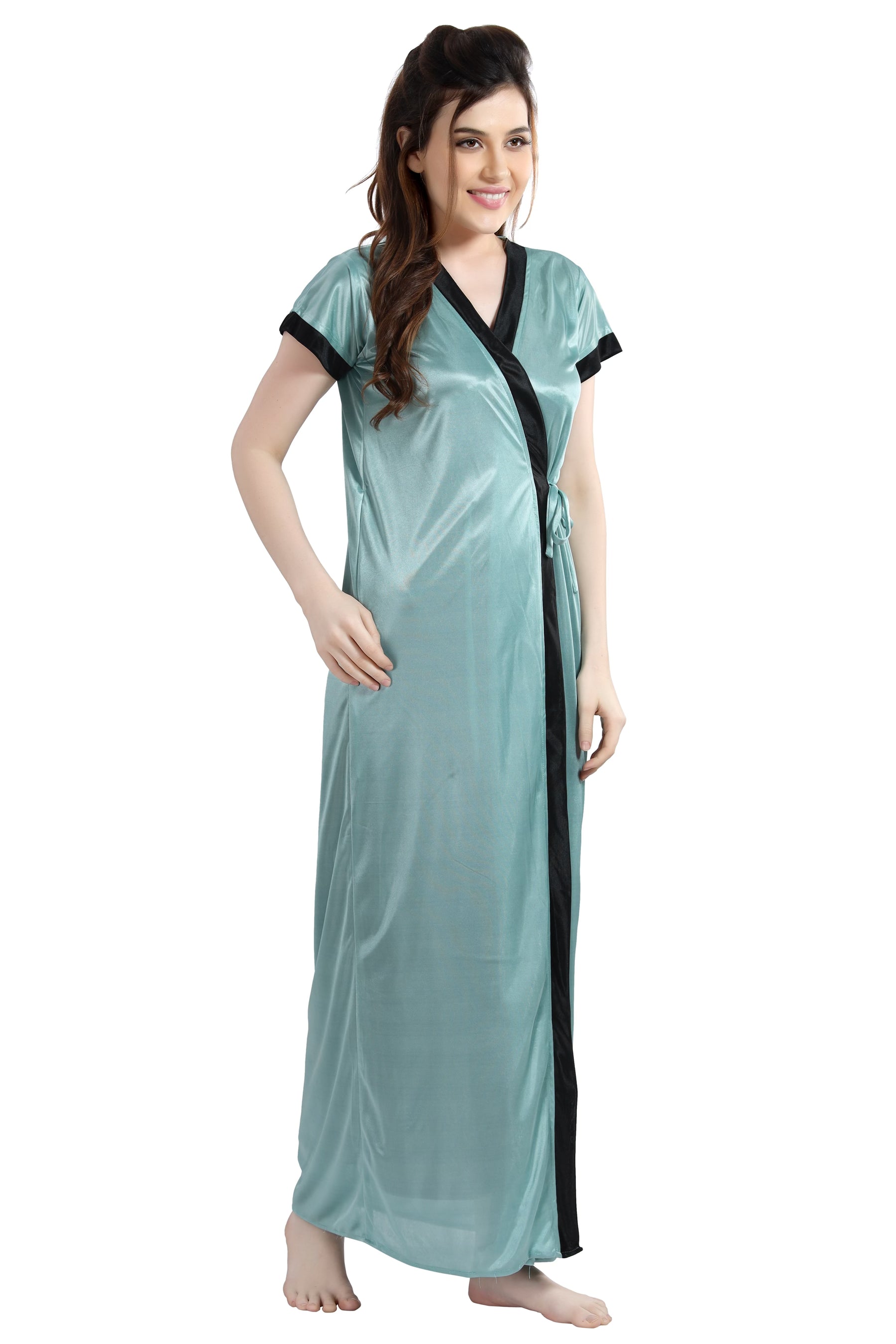 Nighty With Robe AV2 Women Satin Long Nighty with Lace & Robe Pista - 1307PISTAF