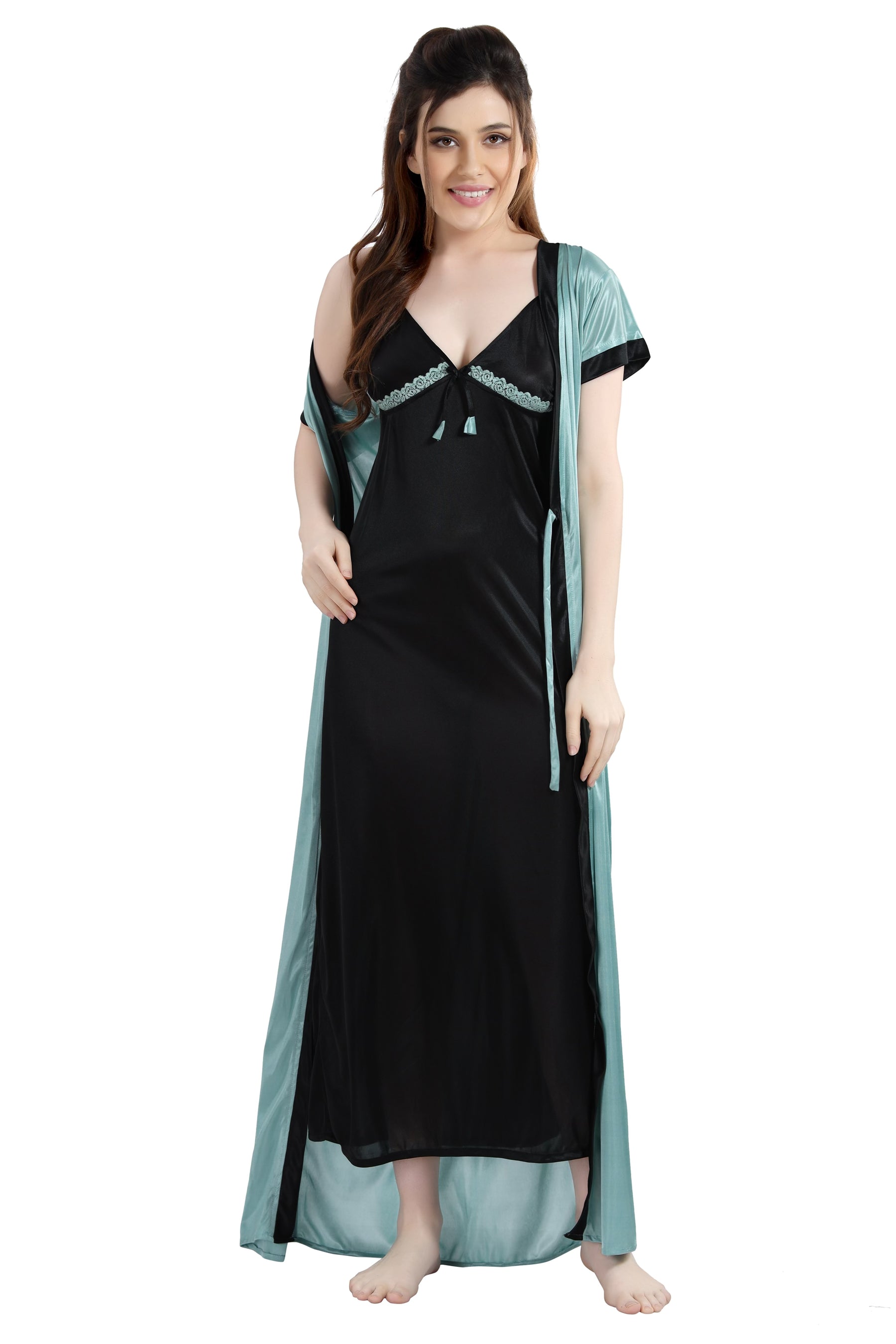 Nighty With Robe AV2 Women Satin Long Nighty with Lace & Robe Pista - 1307PISTAF