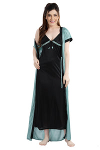 AV2 Women Satin Long Nighty with Lace & Robe Pista - 1307PISTAF