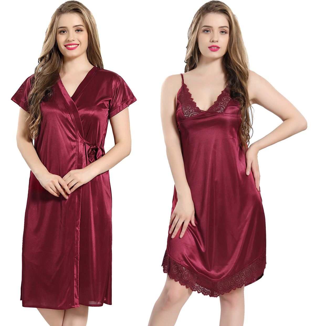 AV2 Women Satin Short Nighty with Lace & Robe - Maroon 1381M