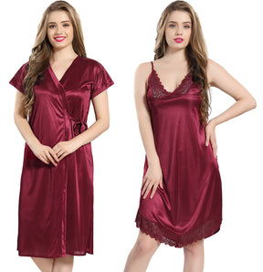 AV2 Women Satin Short Nighty with Lace & Robe - Maroon 1381M