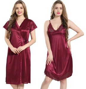 AV2 Women Satin Short Nighty with Lace & Robe - Maroon 1381M