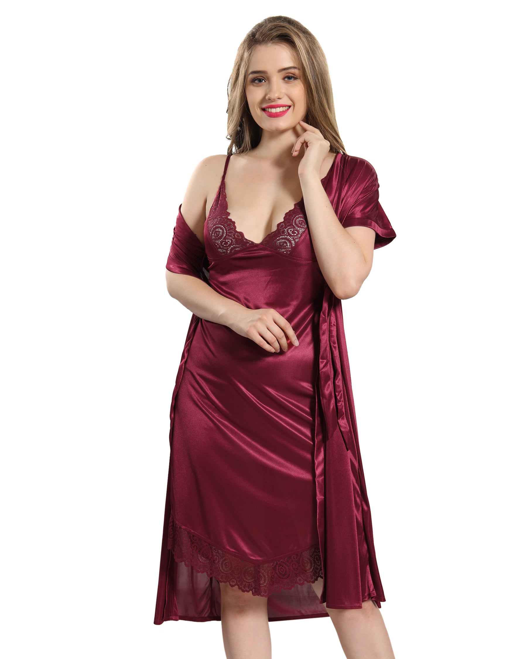 AV2 Women Satin Short Nighty with Lace & Robe - Maroon 1381M