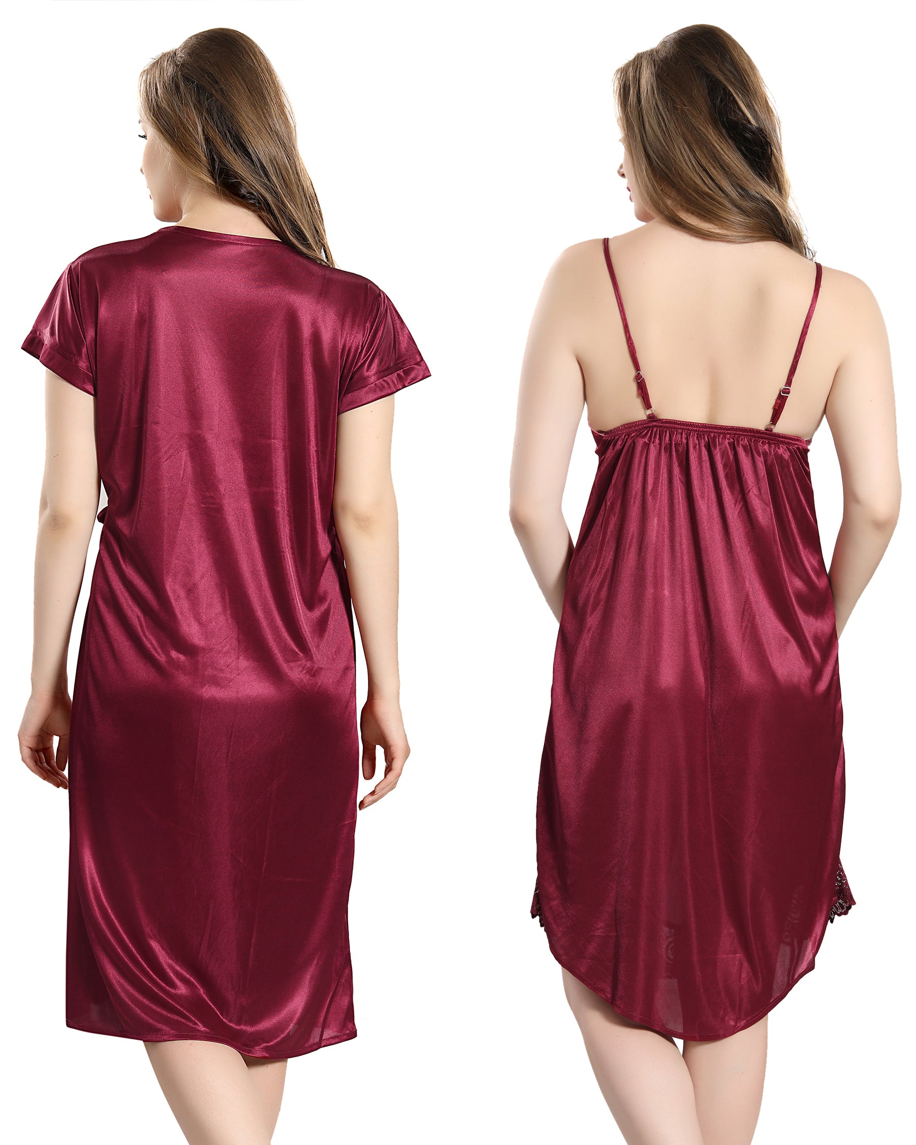 AV2 Women Satin Short Nighty with Lace & Robe - Maroon 1381M