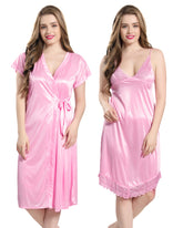 AV2 Women Satin Short Nighty with Lace & Robe - Pink 1381P