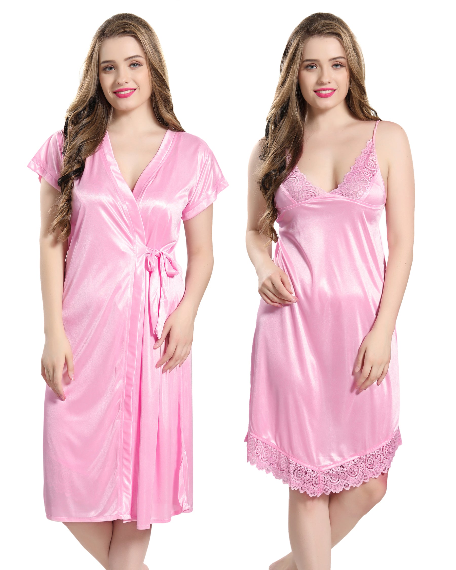AV2 Women Satin Short Nighty with Lace & Robe - Pink 1381P