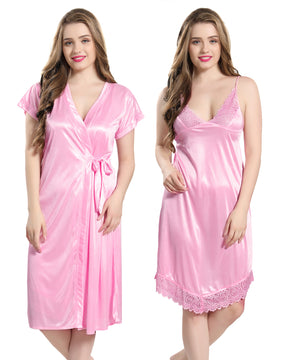 AV2 Women Satin Short Nighty with Lace & Robe - Pink 1381P