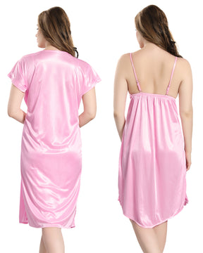 AV2 Women Satin Short Nighty with Lace & Robe - Pink 1381P