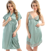 AV2 Women Satin Short Nighty with Lace & Robe - Pista 1381PISTAF