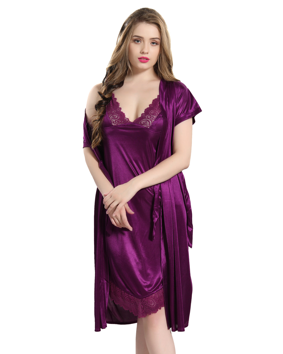 AV2 Women Satin Short Nighty with Lace & Robe - Wine 1381W