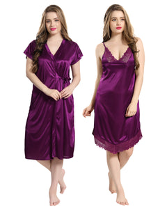 AV2 Women Satin Short Nighty with Lace & Robe - Wine 1381W
