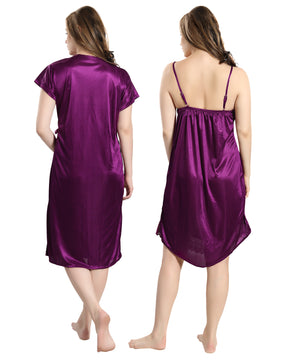 AV2 Women Satin Short Nighty with Lace & Robe - Wine 1381W