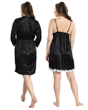 AV2 Women's Satin Solid Knee Length Night Dress - 1382BLACKF