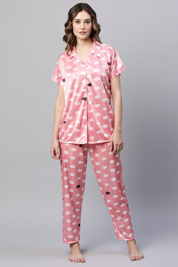 AV2 Women Satin Short Sleeve Top And Pyjama Nightsuit Set Peach - 2297