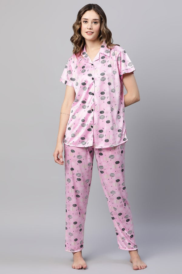 AV2 Women Satin Short Sleeve Top And Pyjama Nightsuit Set Pink - 2298A