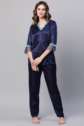 AV2 Women Satin Top and Pajama Nightsuit Set Navy - 2326D