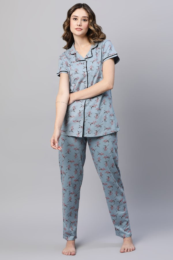 AV2 Women Cotton Floral Printed Top & Pyjama Nighsuit Set GREY - 2983A