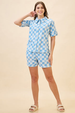 AV2 Women Cotton Printed Short Sleeve Top & Shorts Nightsuit Set - Blue 2108A