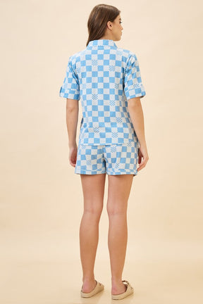 AV2 Women Cotton Printed Short Sleeve Top & Shorts Nightsuit Set - Blue 2108A