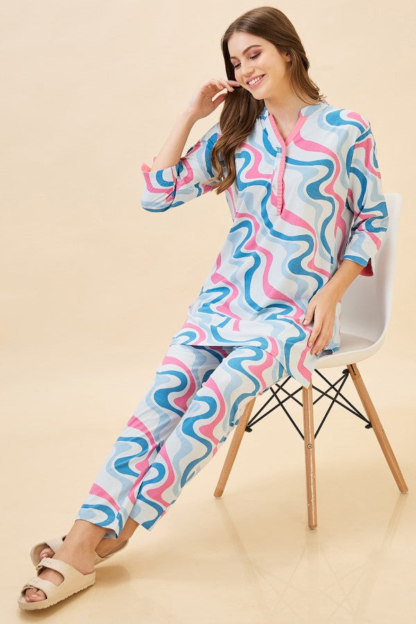 AV2 Women Cotton Printed Long Length Night Suit Set | Pajama Set | Night Dress for Women - Blue 2121A