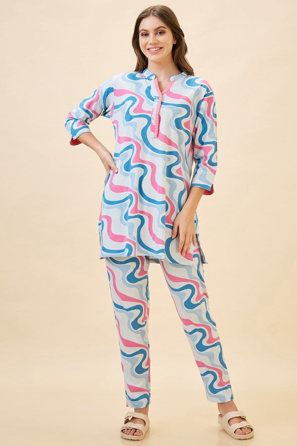 AV2 Women Cotton Printed Long Length Night Suit Set | Pajama Set | Night Dress for Women - Blue 2121A